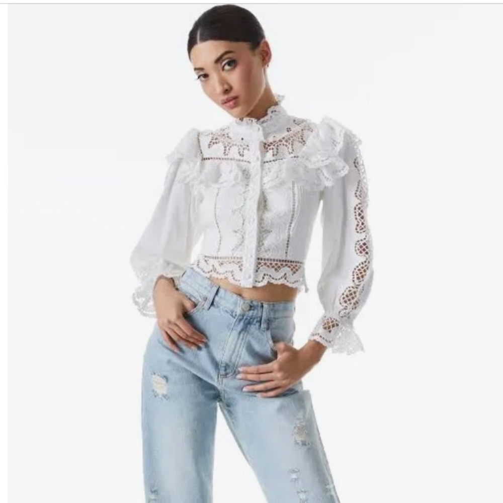 Alice + Olivia Marlo Eyelet Ruffle Blouse